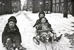 Charles, Paul and Tom on sleds made by Grandpa Angell, behind house at 5604 S. Dorchester, Chcago circa 1944