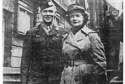 News photo showing Bill Hale and his sister when they both met in Belgium while serving in World War II.  Circa 1945