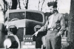 Uncle Bert Thompson (Aunt Iola's husband) serving in England during W.W.II.   He was a driver for an aide of General Eisenhower and the license indicates it was Eisenhower's car.  There was only one 4-star general then. Circa 1945