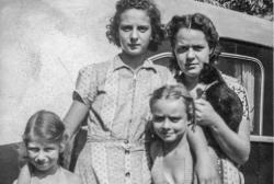 Georgia, Adele, cat, Pat and Joanne at camp in Lake Geneva, Wisconsin.  Circa 1937.