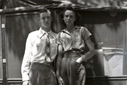 Bill Hale and Georgia Angell in front of main living area tent Lake Geneva 1941