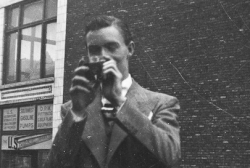 Person unknown. First floor of building occupied by Orr and Orr Trailer Company. Next door at 2640 S. Michigan Ave., Chicago, is Angell Trailer Sales and Service. Circa 1938.